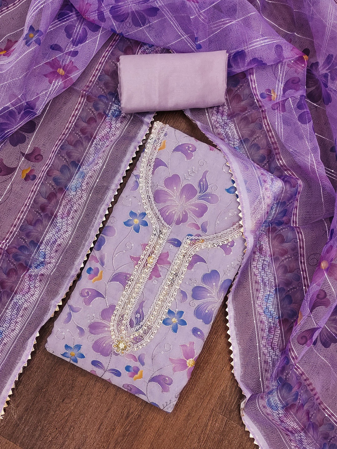 

Rangtulika Floral Printed Sequinned Organza Unstitched Dress Material, Purple