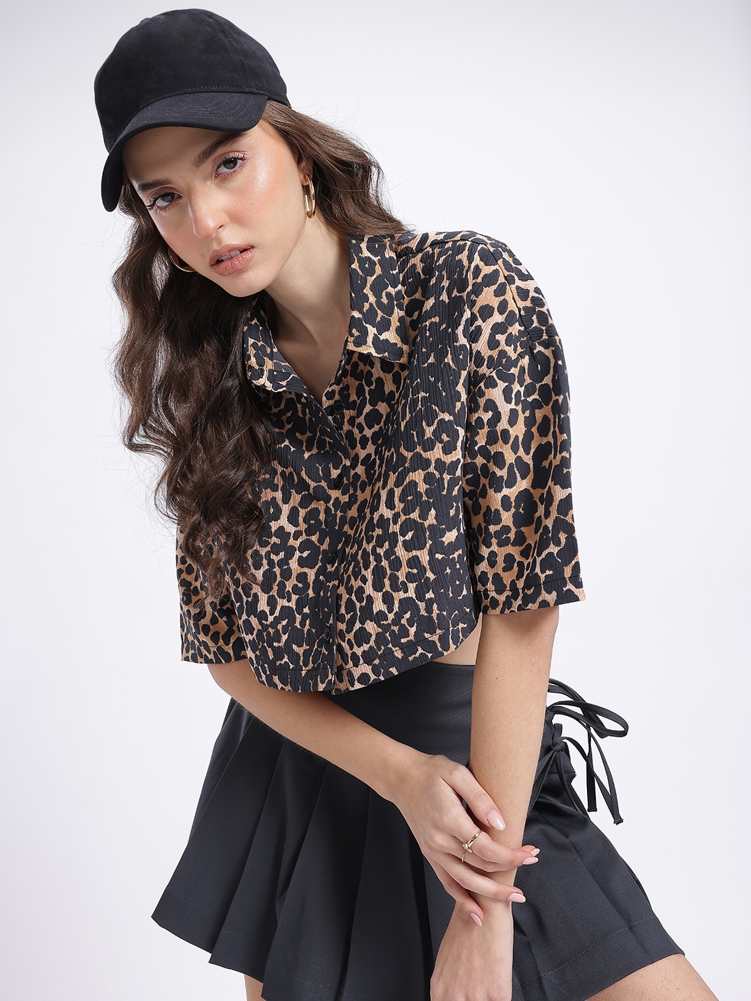 

glitchez Fearless Feline Crinkle-Core Drop Sleeve Crop Boxy Shirt, Black