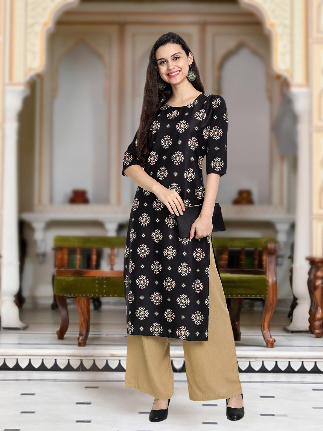 

Moda Rapido Floral Printed Round Neck Straight Kurta, Black