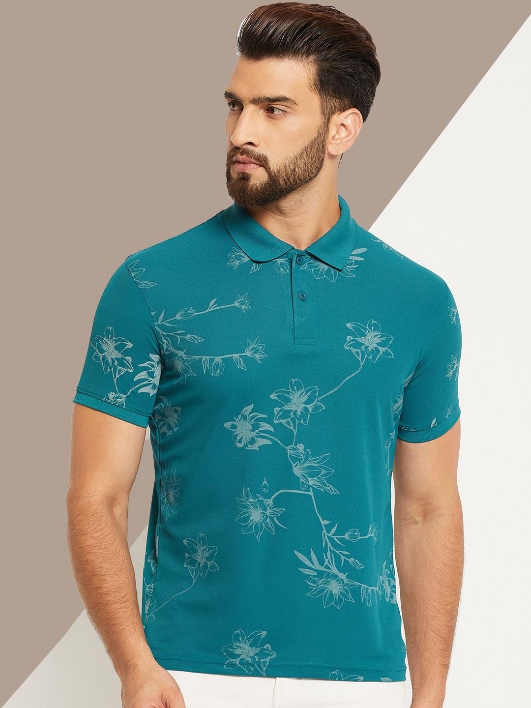 

OGEN Men Printed Polo Collar Applique T-shirt, Teal