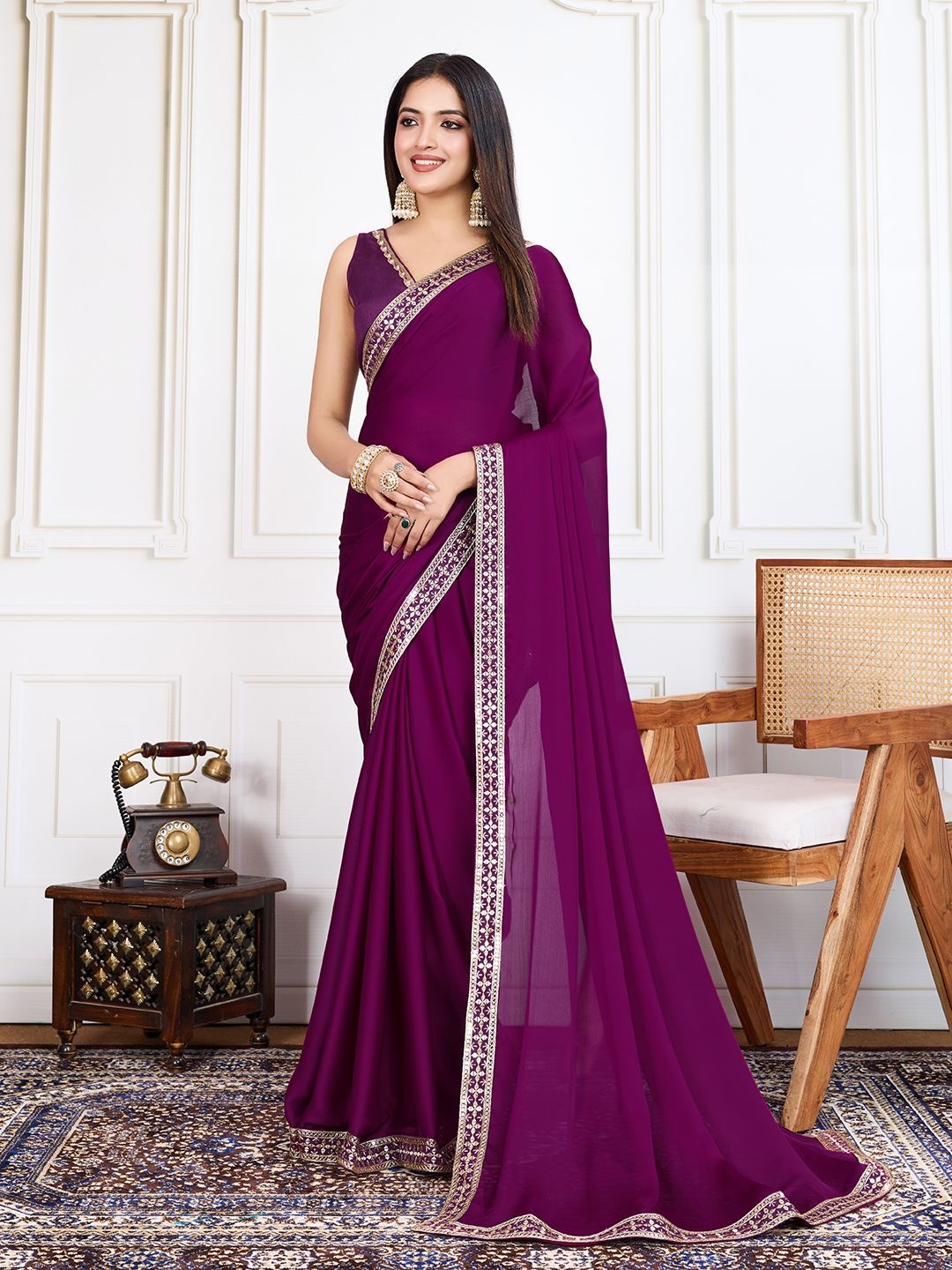 

House of Pataudi Party Wear Saree With Blouse Piece, Purple