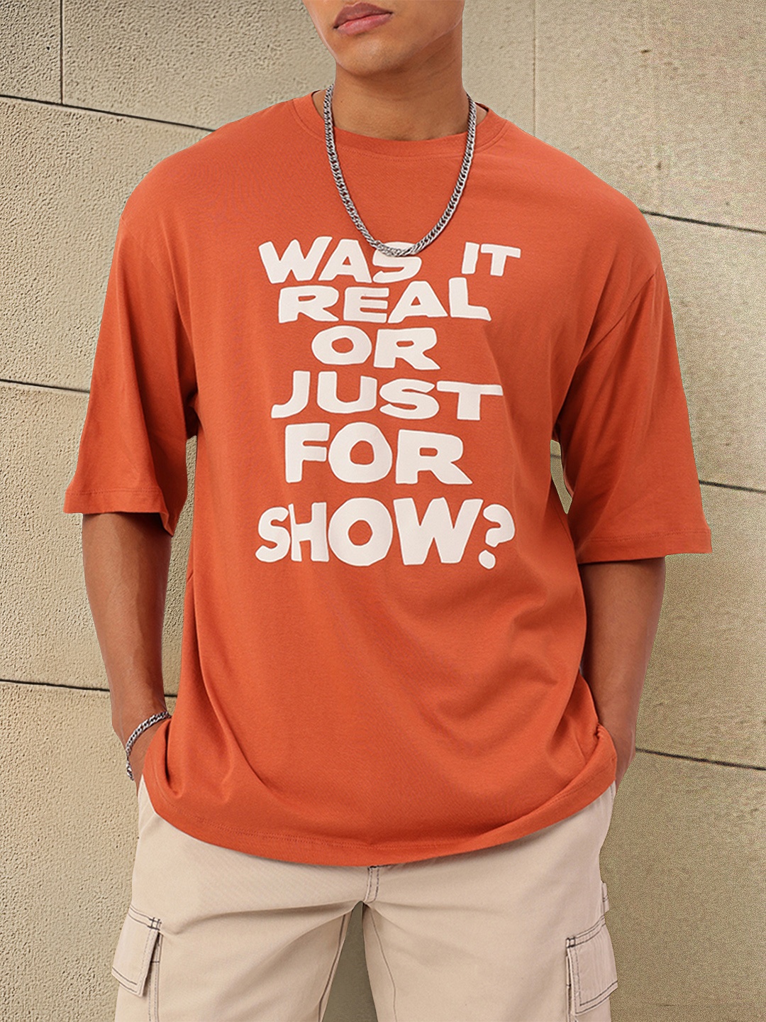 

Kook N Keech Gritty Authenticity Or Facade Printed Relaxed Fit T-shirt, Rust