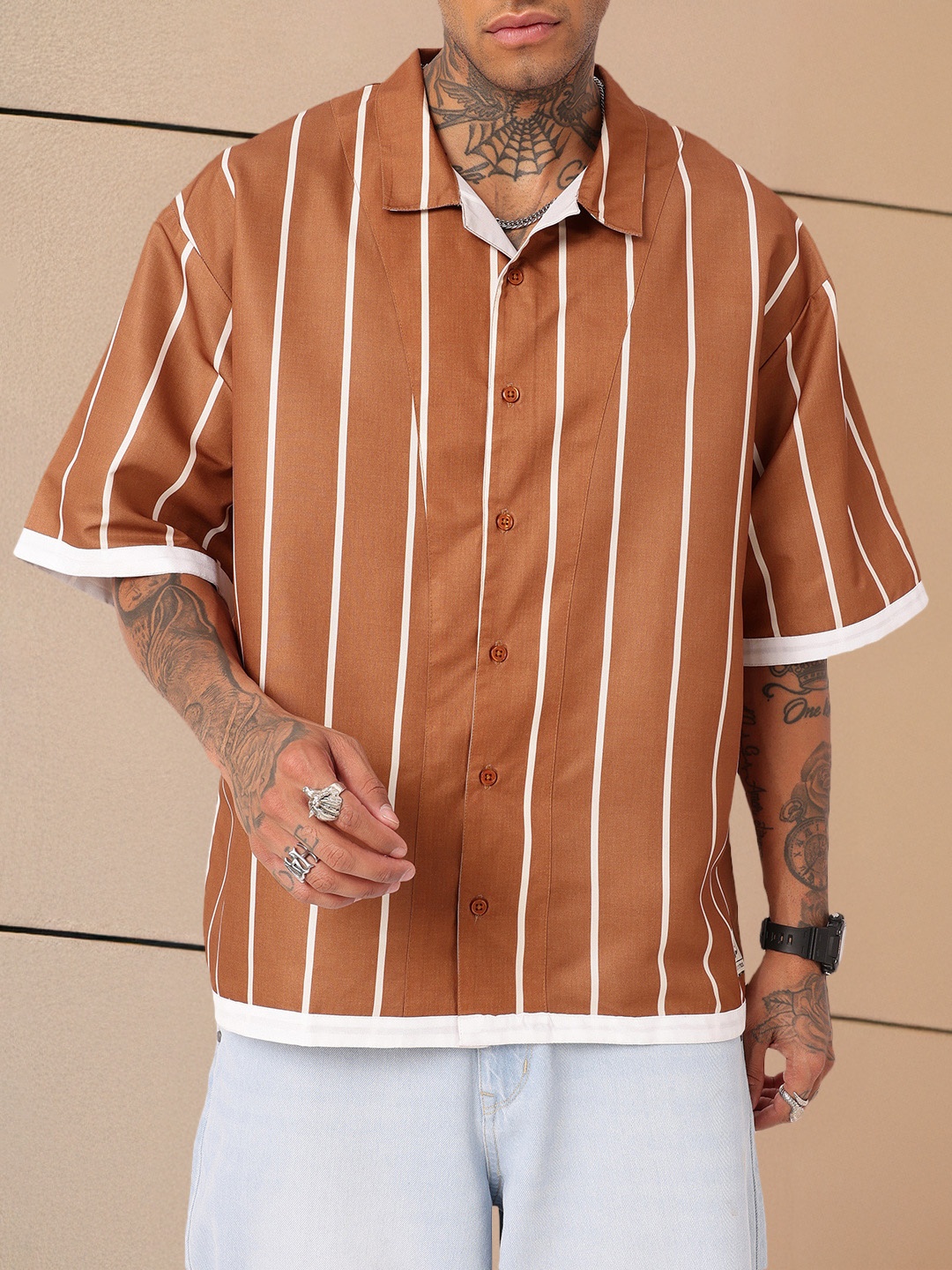 

Kook N Keech Urban Timeless Striped Oversized Shirt, Brown