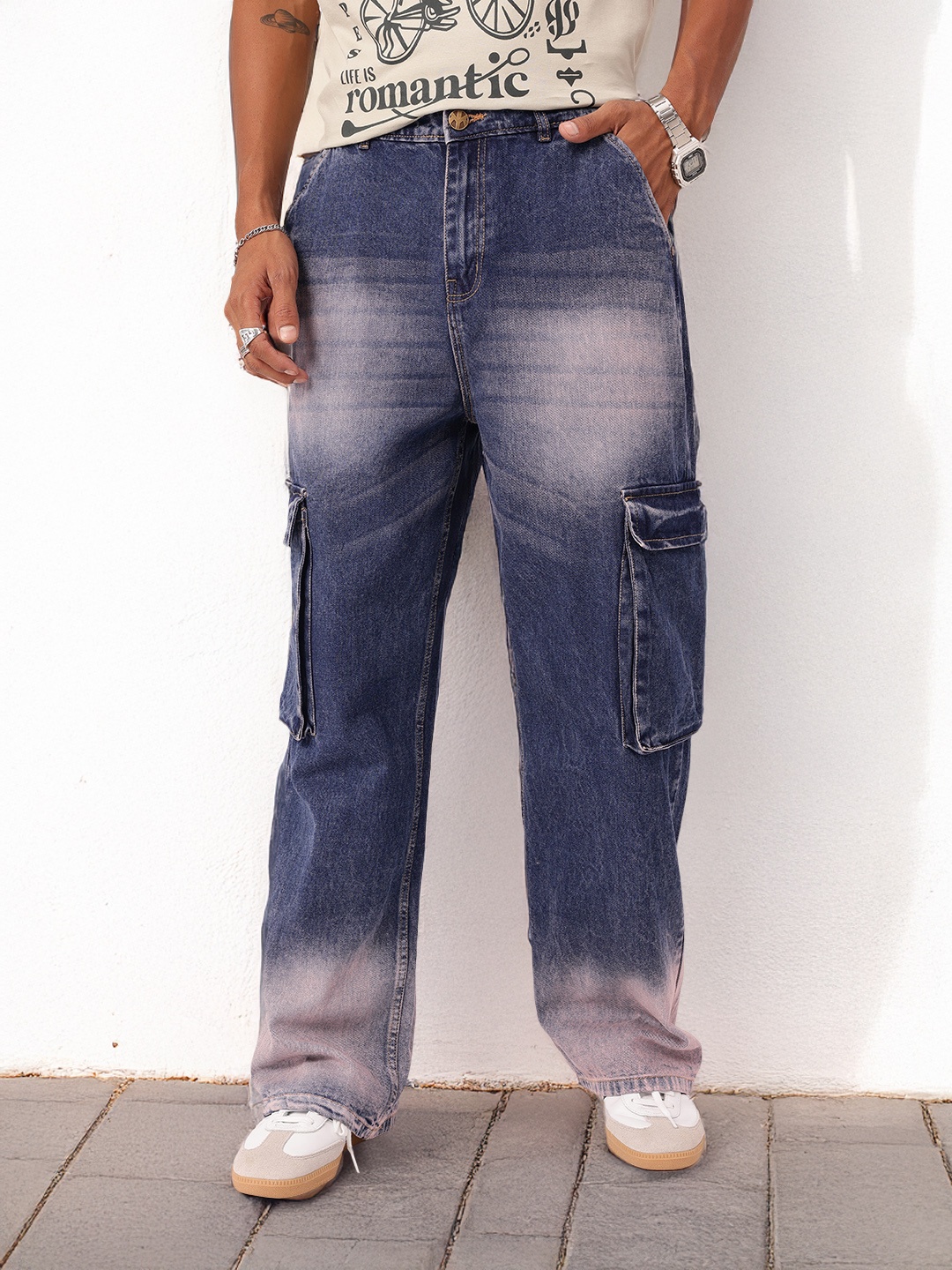 

Kook N Keech Men Urban Heavy Fade Ombre Boyfriend Fit Cargo Jeans, Blue