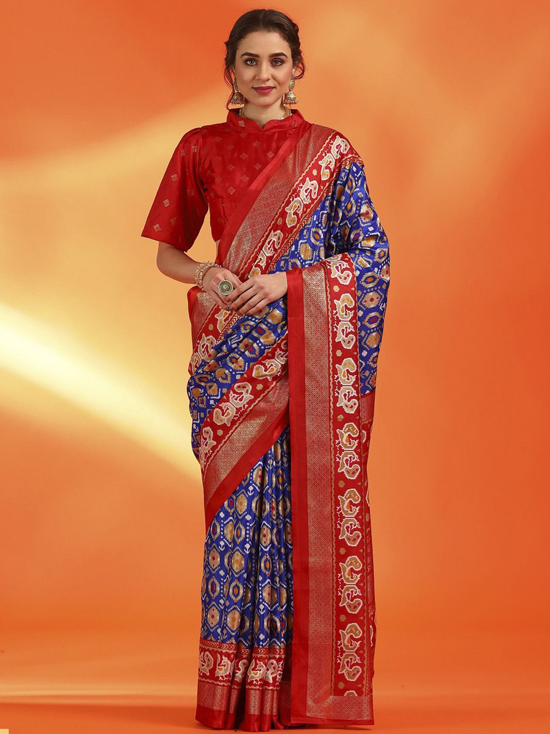 

Anouk Rustic Ethnic Motifs Zari Silk Blend Pochampally Saree, Blue