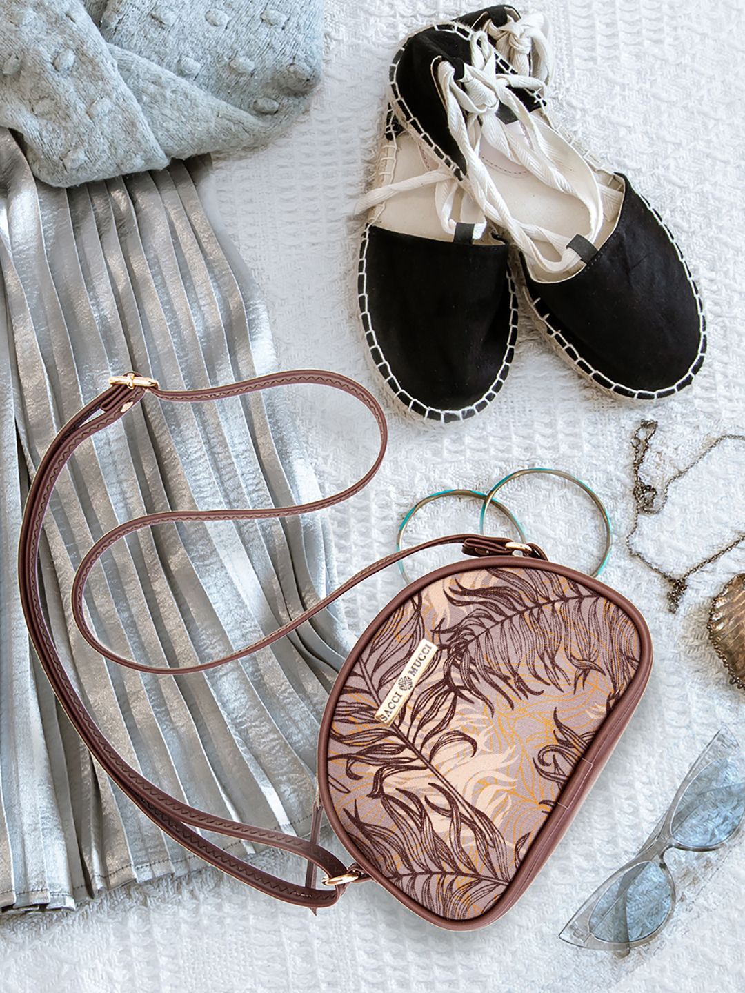 

Sacci Mucci Floral Printed Sling Bag with Fringed, Brown