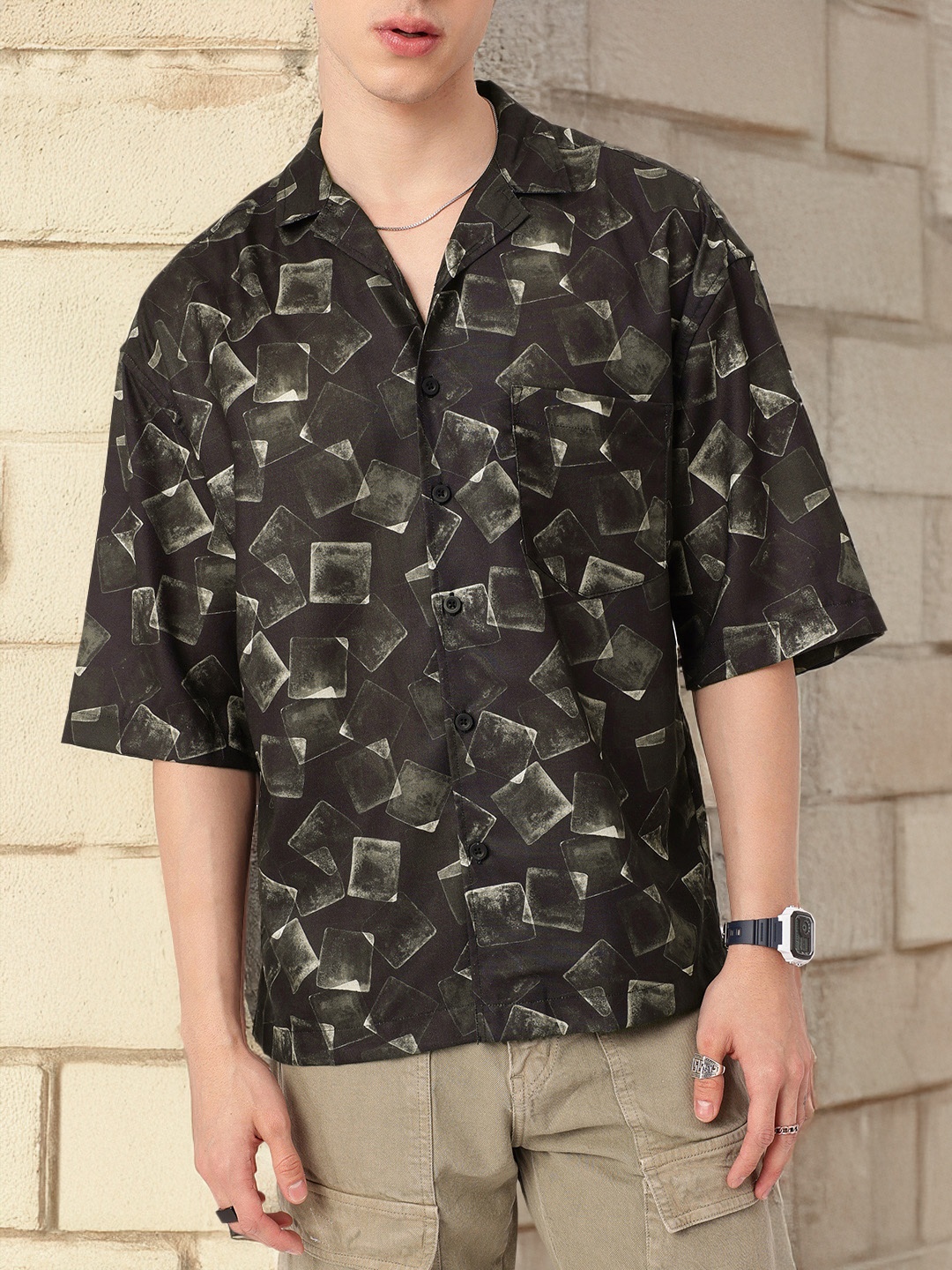 

Kook N Keech Indie Vibes Geometric Flair Relaxed Fit Printed Shirt, Black