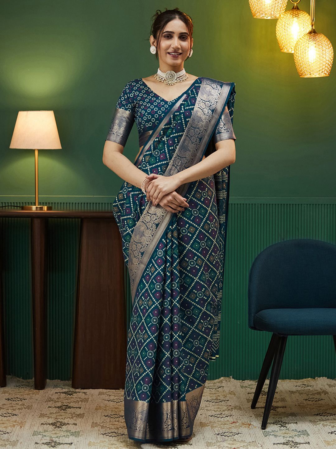 

all about you Bandhani Zari Silk Blend Bandhani Saree, Blue