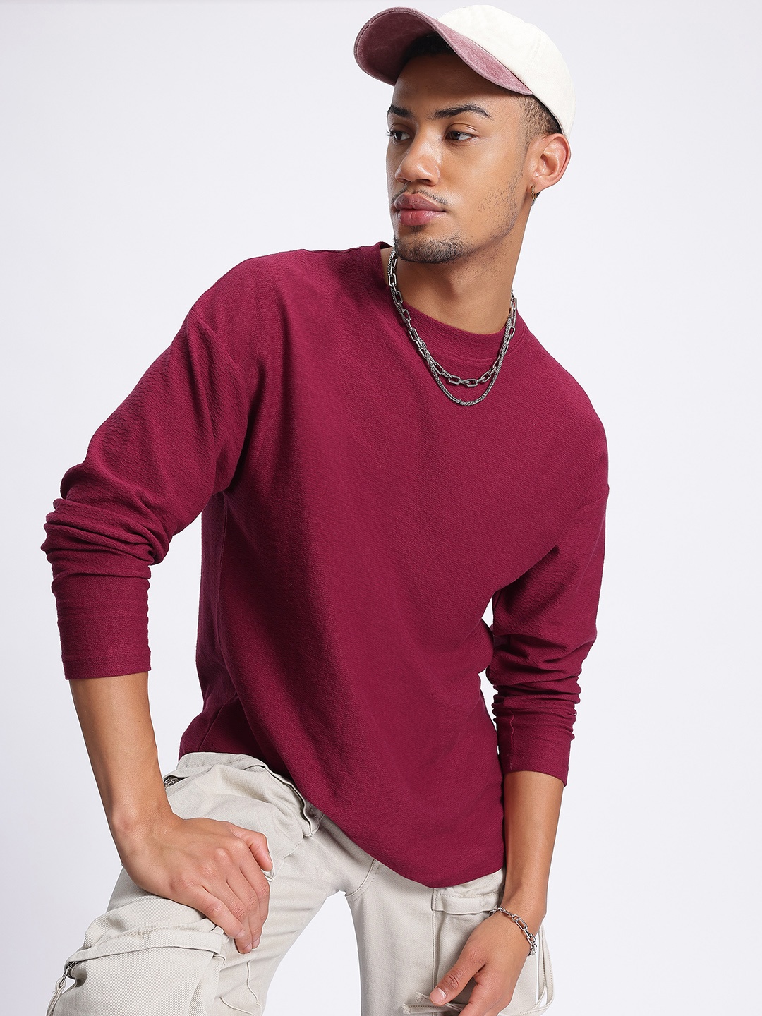 

glitchez Chevron Bliss Self-Design Relaxed Fit Drop-Shoulder Sleeves Pure Cotton T-shirt, Maroon