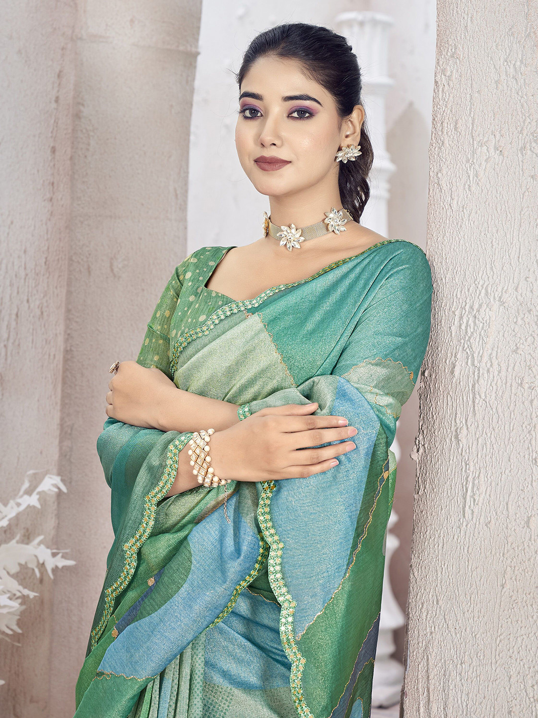 

TASRIKA Mirror Work Tissue Saree, Green