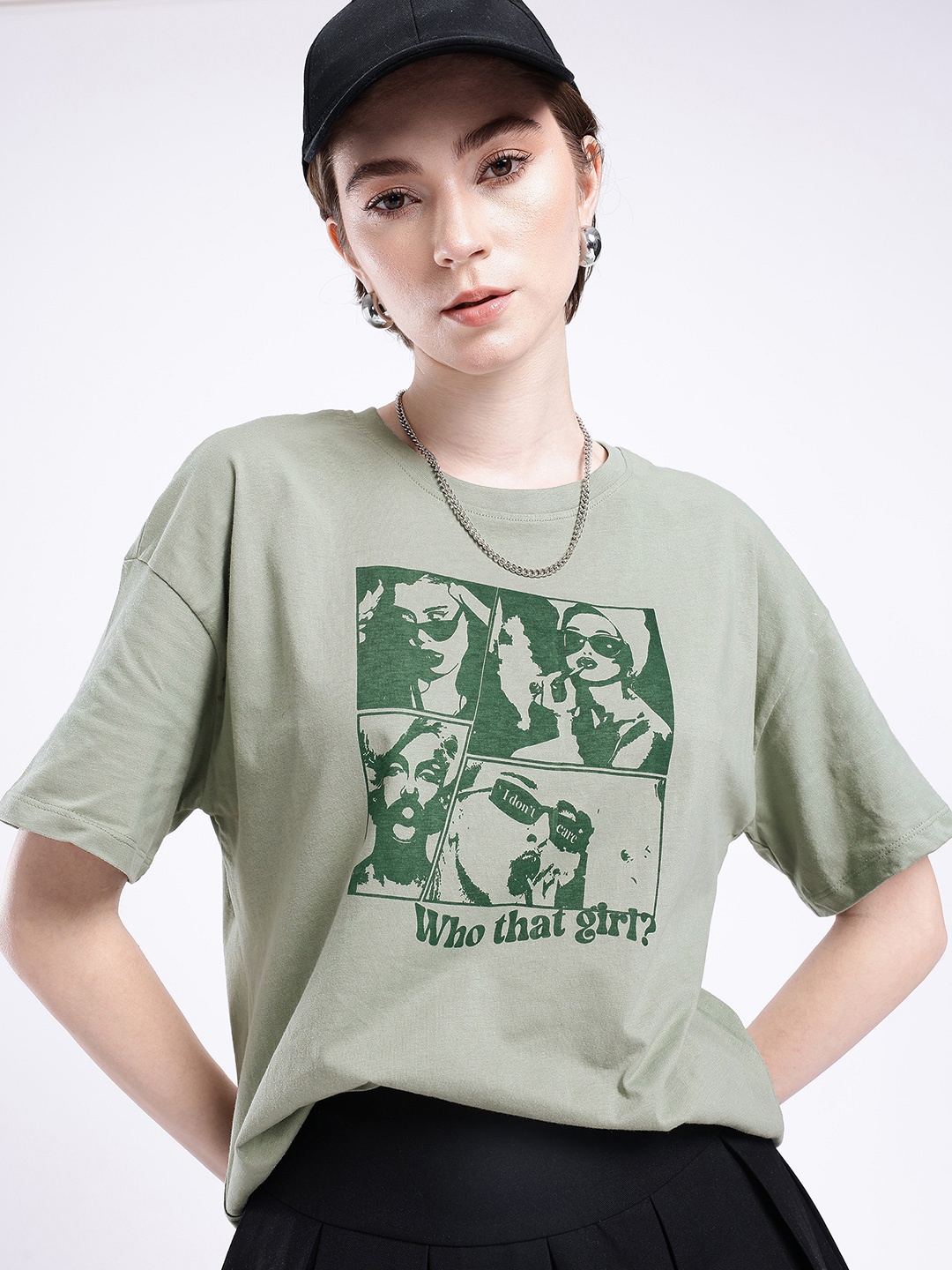 

glitchez Street Chic Printed Oversized T-shirt, Green