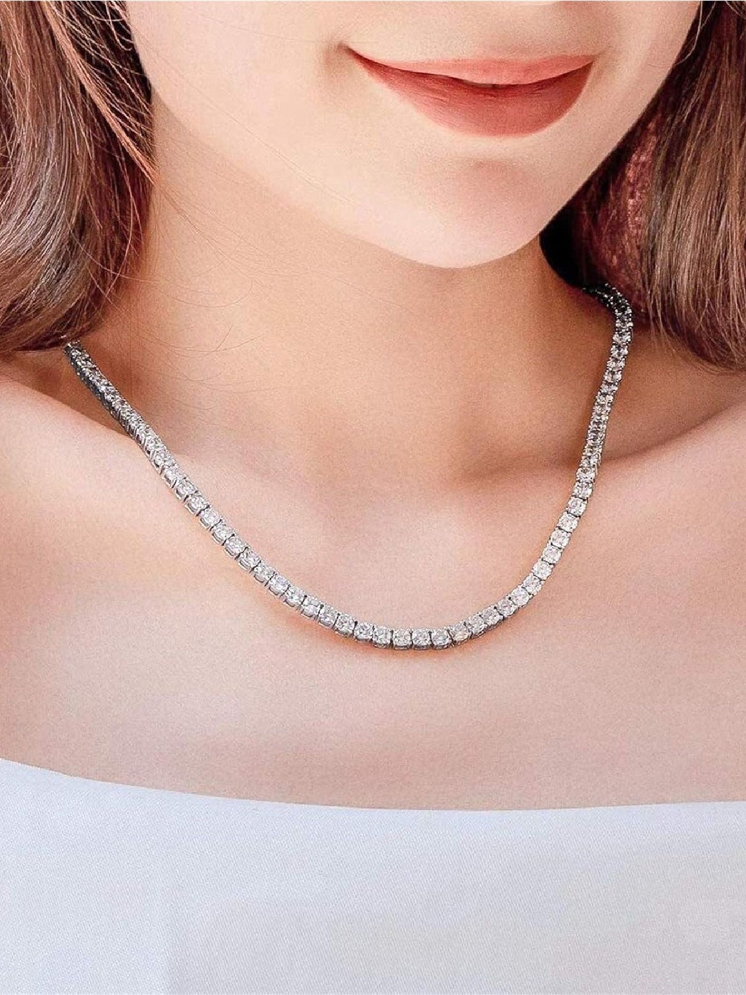 

Crazy Fashion Unisex Silver-Plated Cubic Zirconia Studded Stainless Steel Minimal Chain