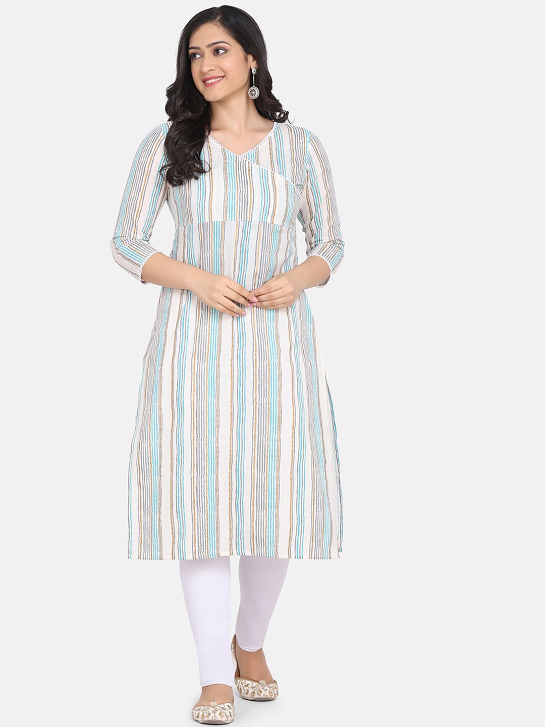 

DIVASTRI Striped V-Neck Pure Cotton Straight Kurta, White