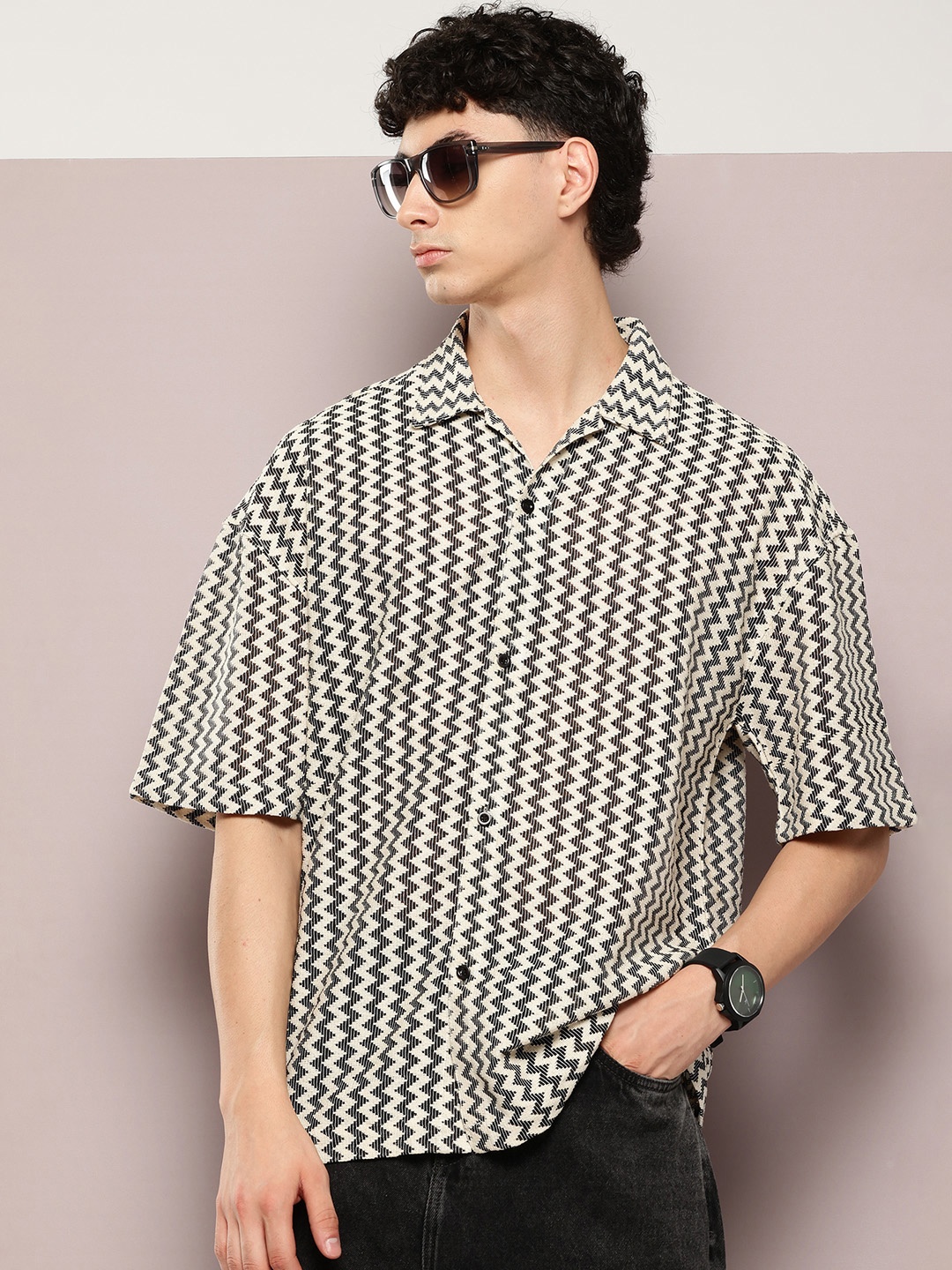 

Kook N Keech Chevron Open Knit Semi Sheer Relaxed Shirt, Black