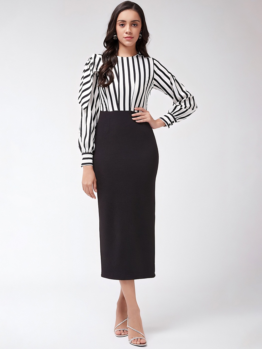 

SATPURUSH Striped Formal Bodycon Midi Dress, Black
