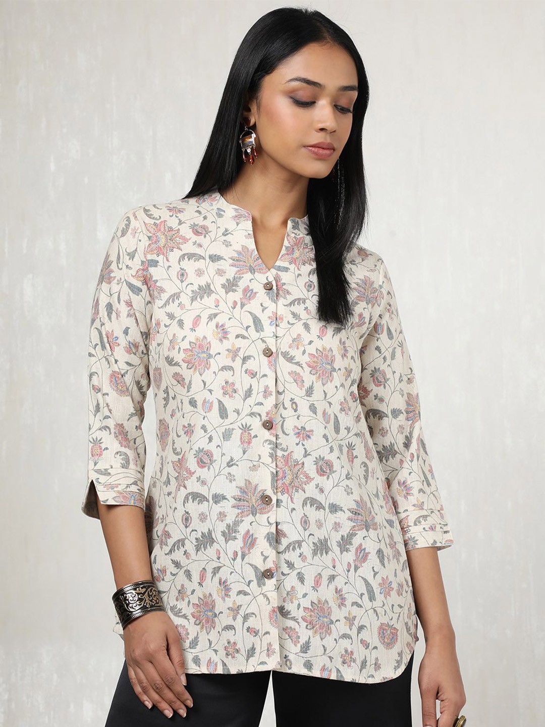 

Soch Linen Mandarin Collar Printed Tunic, Beige