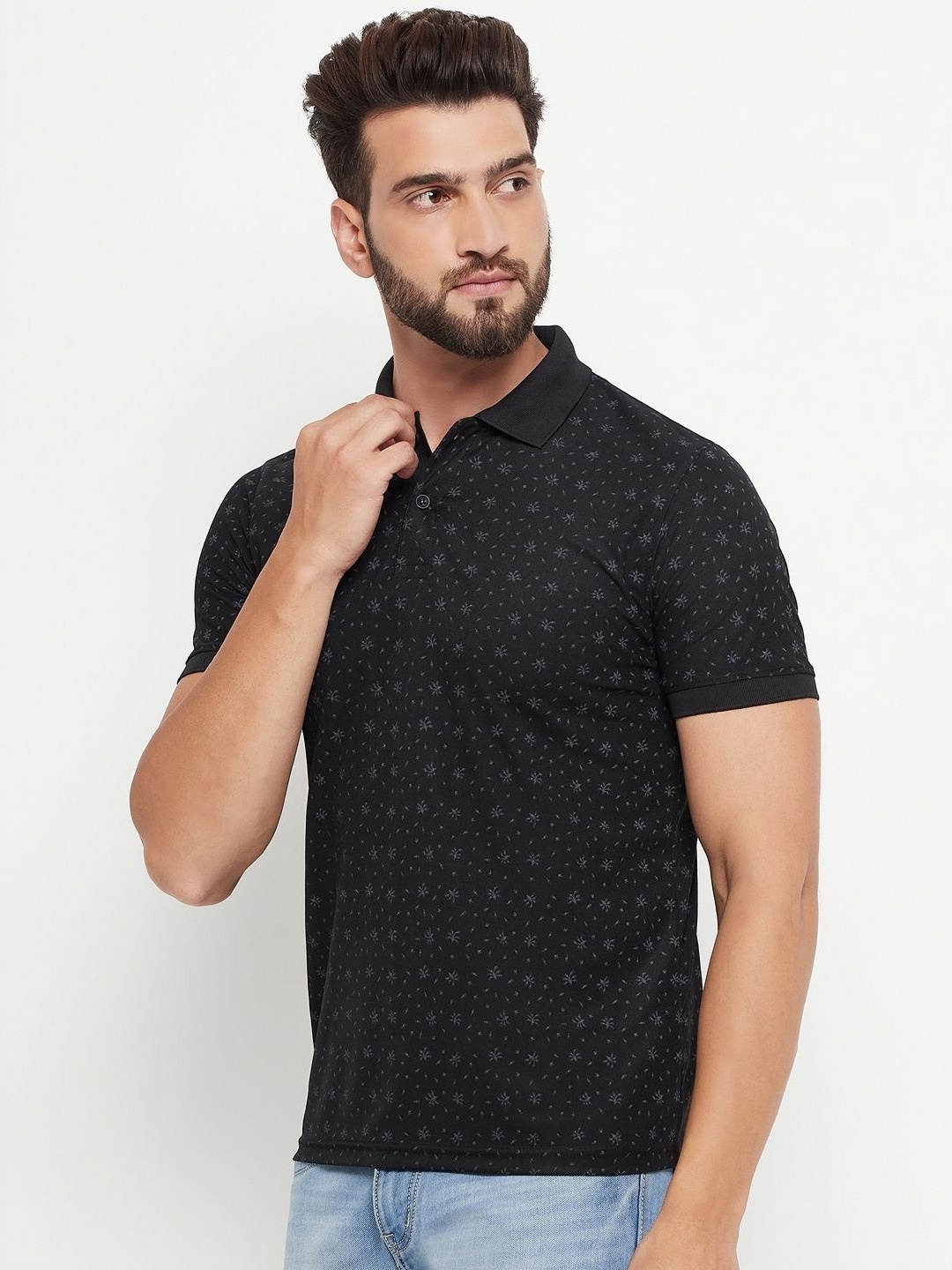 

OGEN Men Printed Polo Collar Pockets T-shirt, Black