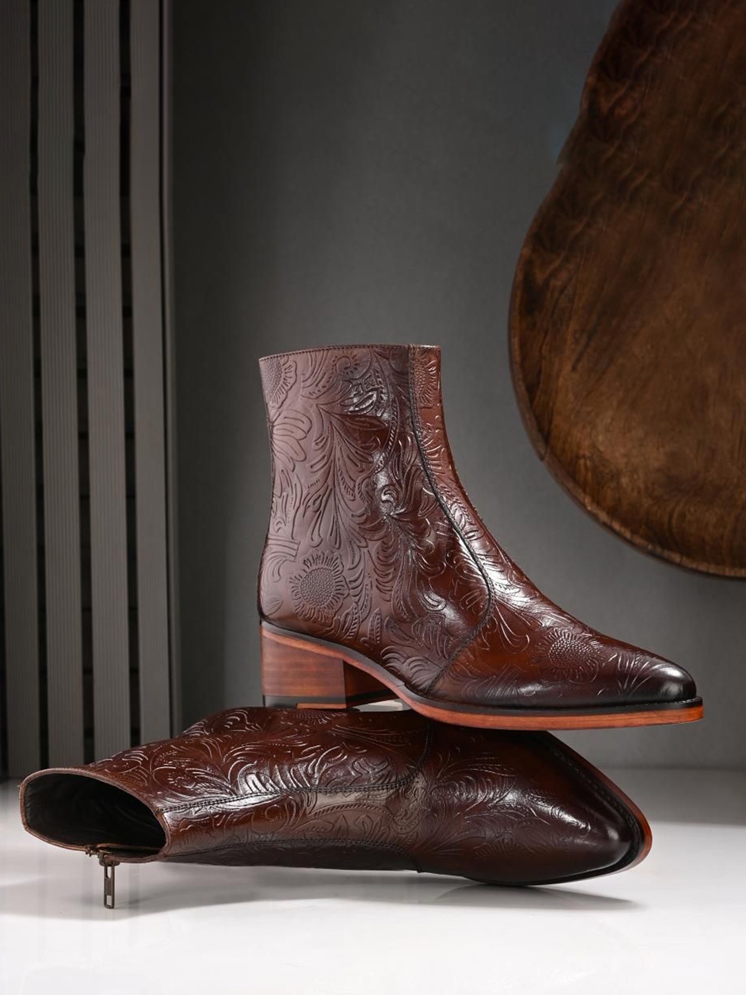

MILLE DOLLARI Men Leather Block-Heeled Chelsea Boots, Coffee brown