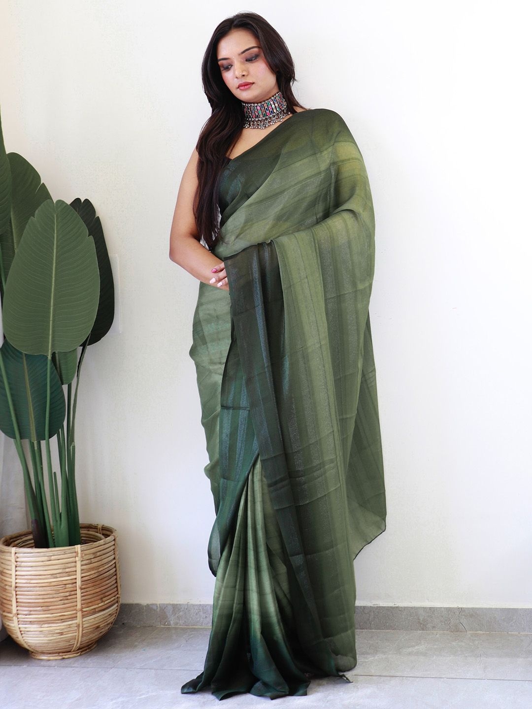 

Mitera Striped Zari Poly Georgette Ready to Wear Saree, Olive