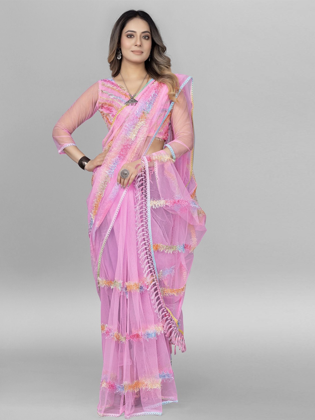 

Aika Striped Embroidered Net Saree, Pink