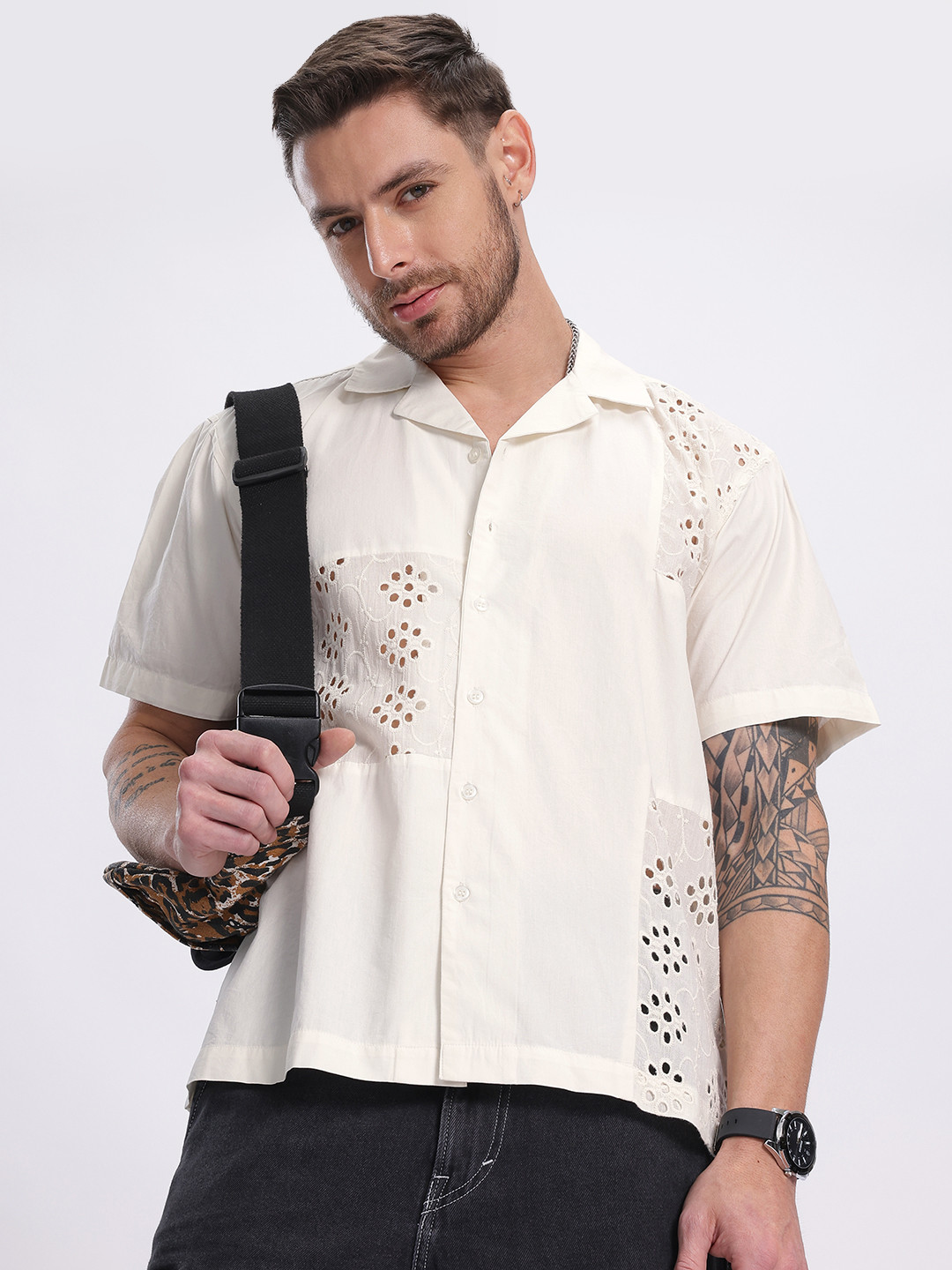 

glitchez Serene Schiffli Embroidered Pure Cotton Relaxed Fit Shirt, White