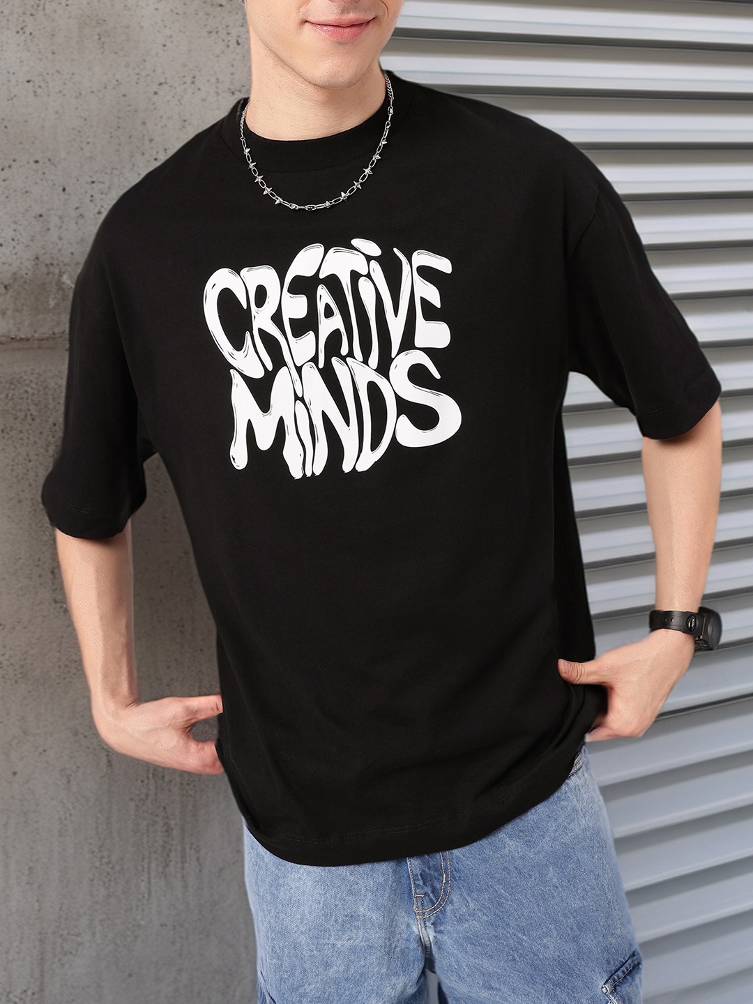 

Classic Black Grunge Creative Minds Unite Printed Oversized T-shirt