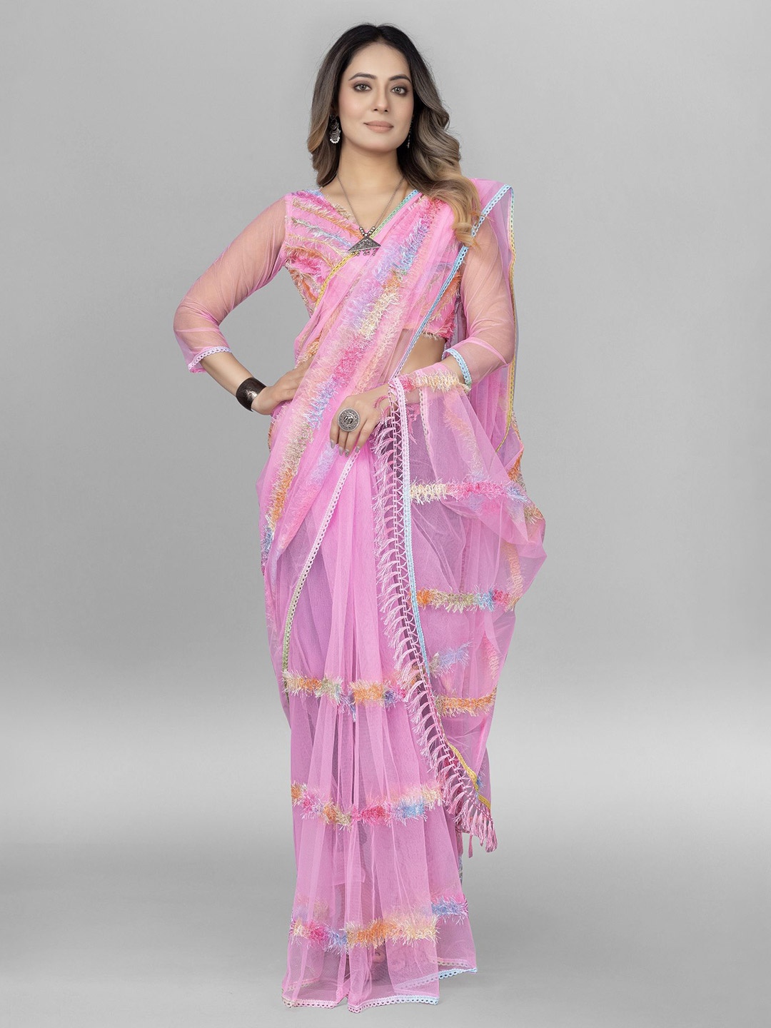 

LADY SHOPI Striped Embroidered Net Saree, Pink