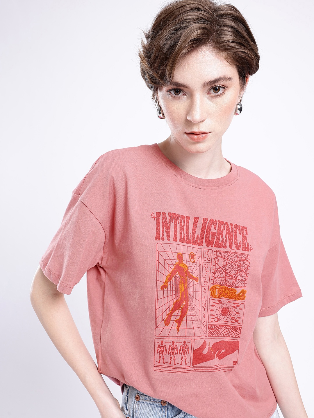 

glitchez Street Chic Printed Oversized T-shirt, Rose