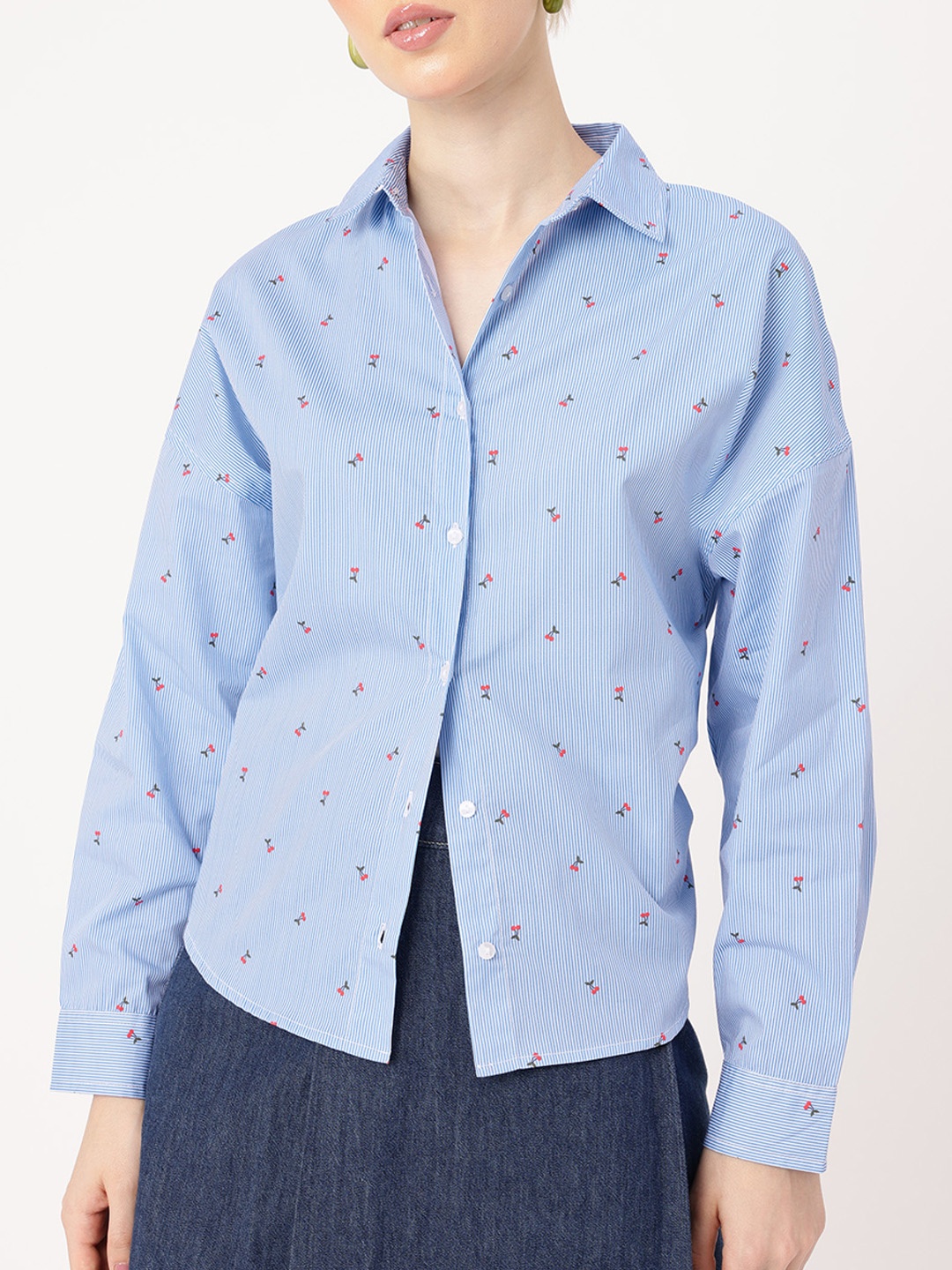 

DressBerry City Striped Cherry Pattern Relaxed Fit Shirt, Blue