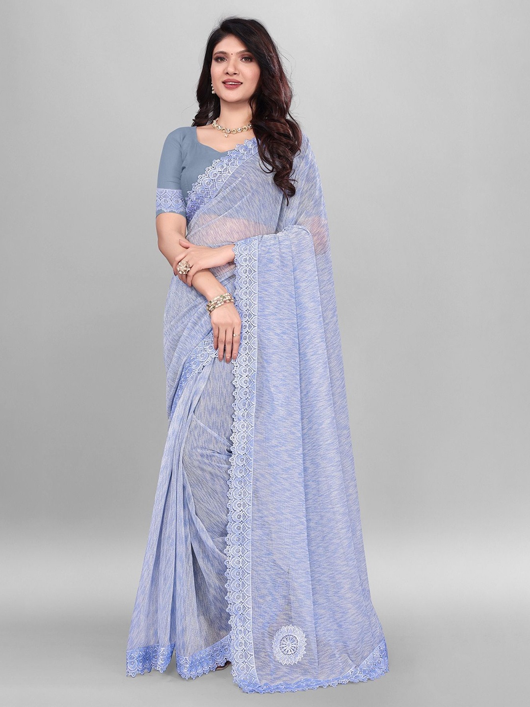 

JULEE Embellished Beads and Stones Saree, Turquoise blue