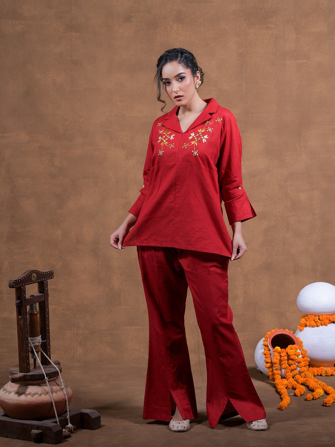 

Phulkari Forever Embroidered Top & Trousers Co-Ords Sei, Red