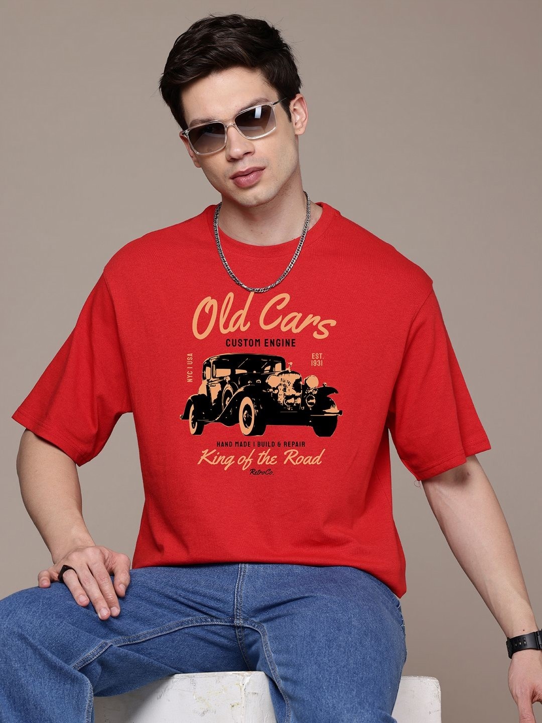 

Moda Rapido Men Printed Raw Edge T-shirt, Red