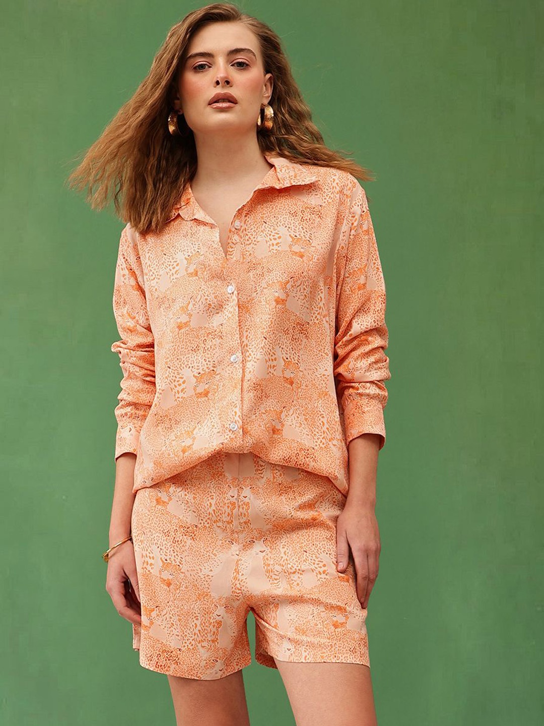 

BASED Printed Shirt Collar Shirt With Shorts Co-Ords, Peach