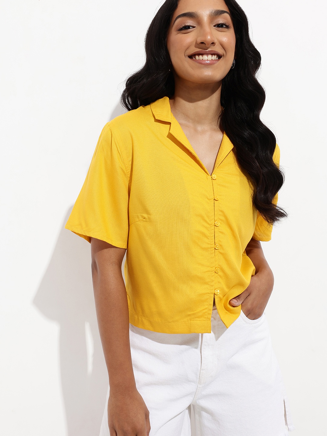 

DressBerry Boyfriend Chic Boxy Crop Shirt, Mustard