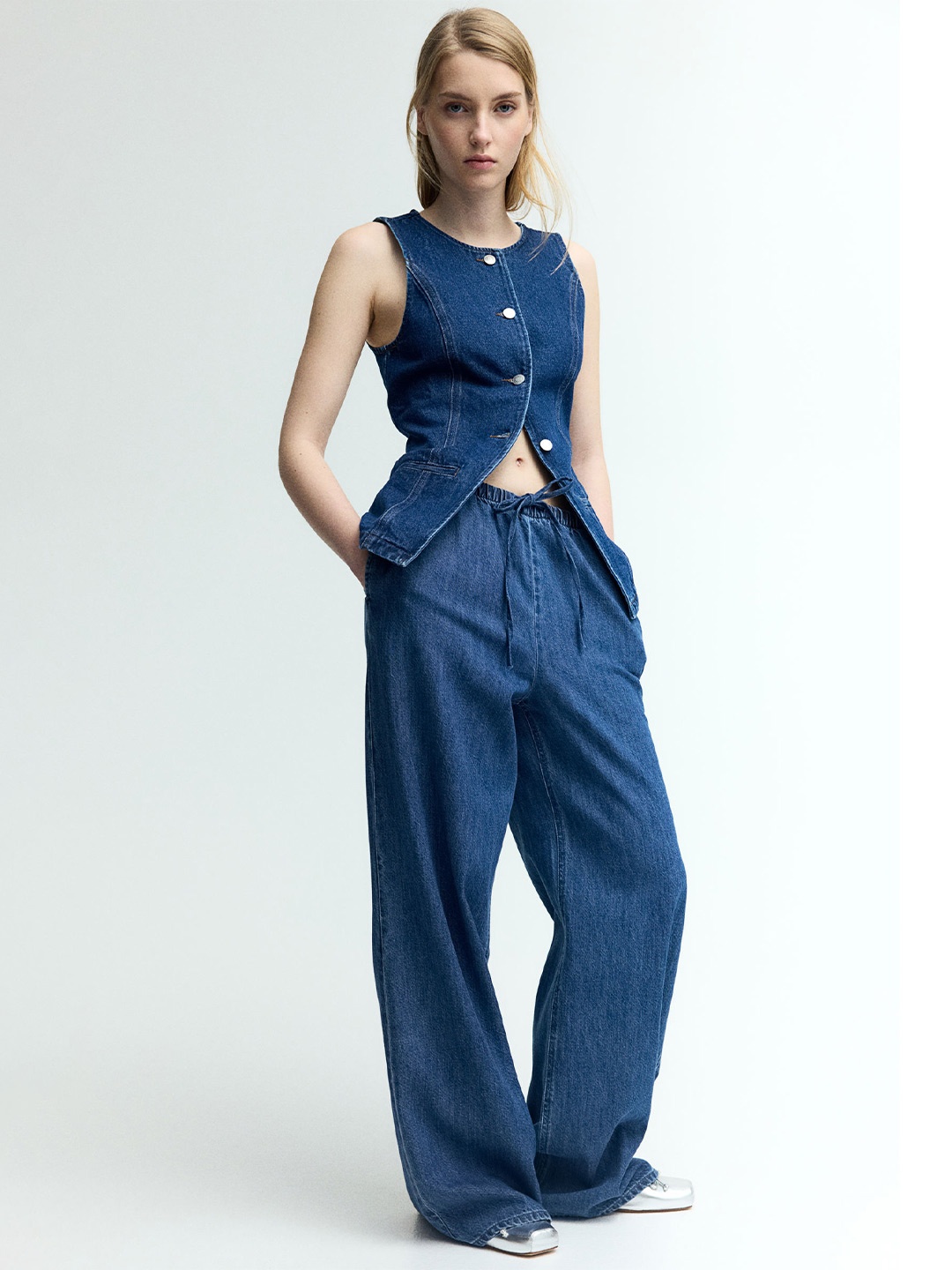 

H&M Feather Soft Denim Drawstring Trousers, Blue