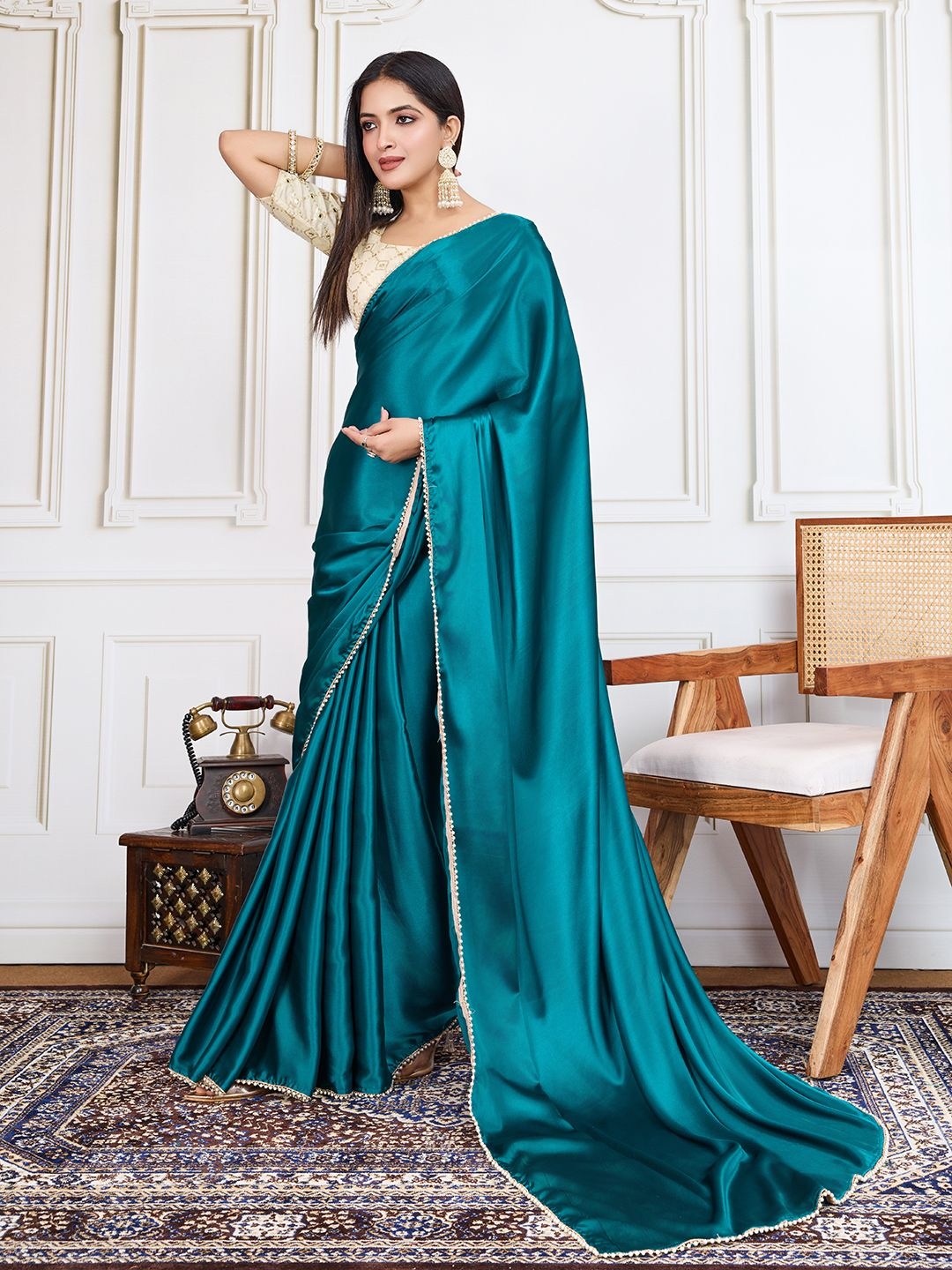 

House of Pataudi Party Wear Saree With Blouse Piece, Teal