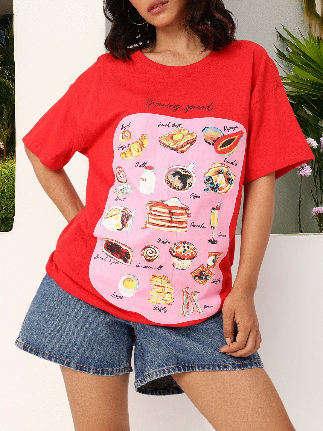 

DressBerry Urban Morning Spread Printed Oversized T-shirt, Red