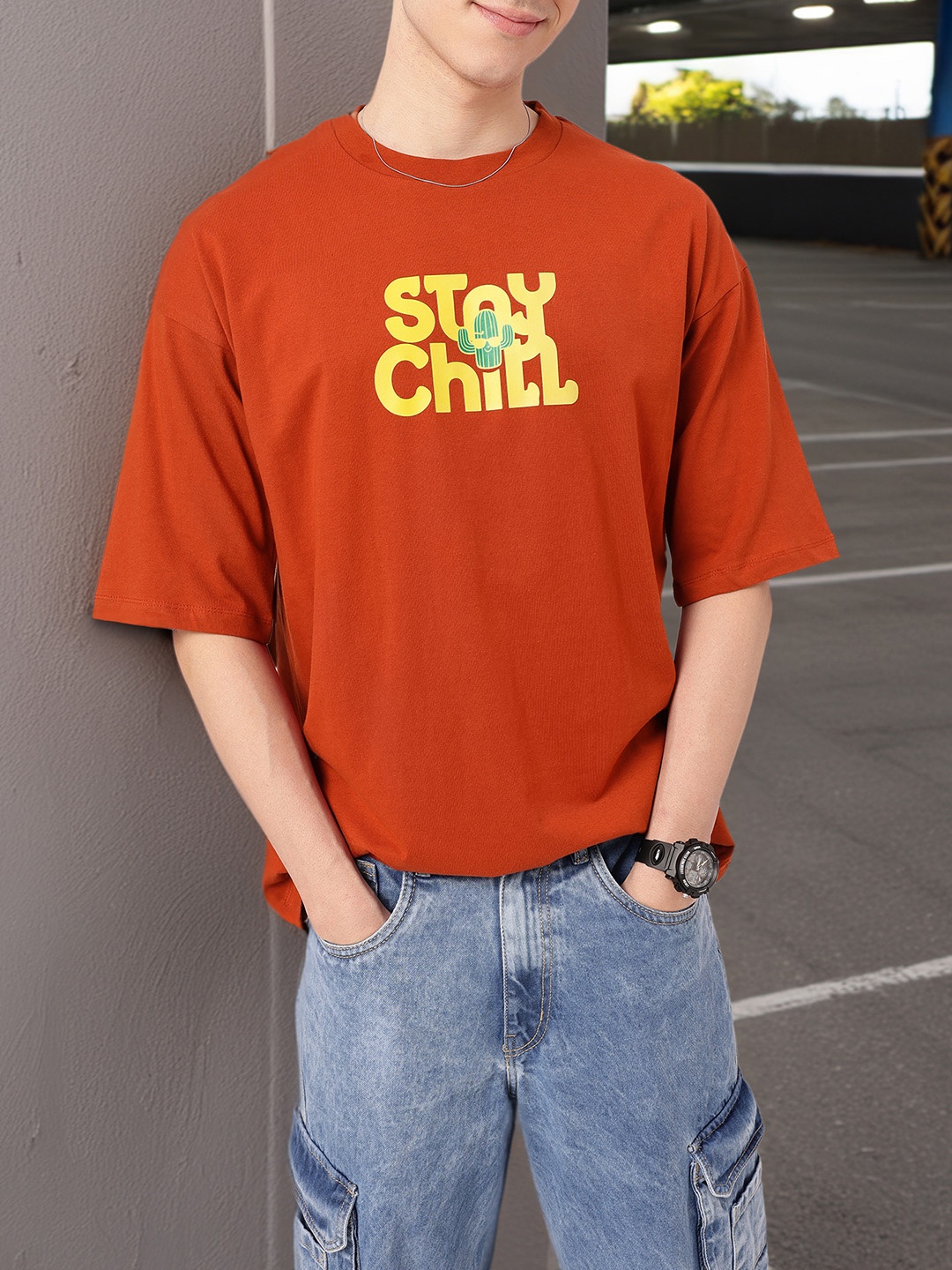 

Soft Grunge Easygoing Style Printed Oversized T-shirt, Rust