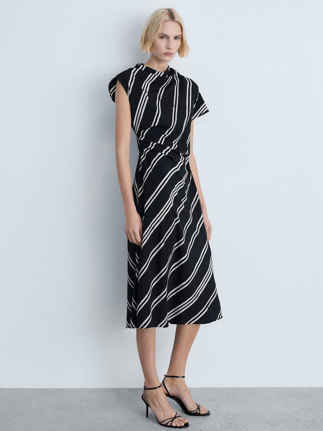 

MANGO Diagonal Stripes Ruched Effect Cowl Neck A-Line Midi Dress, Black