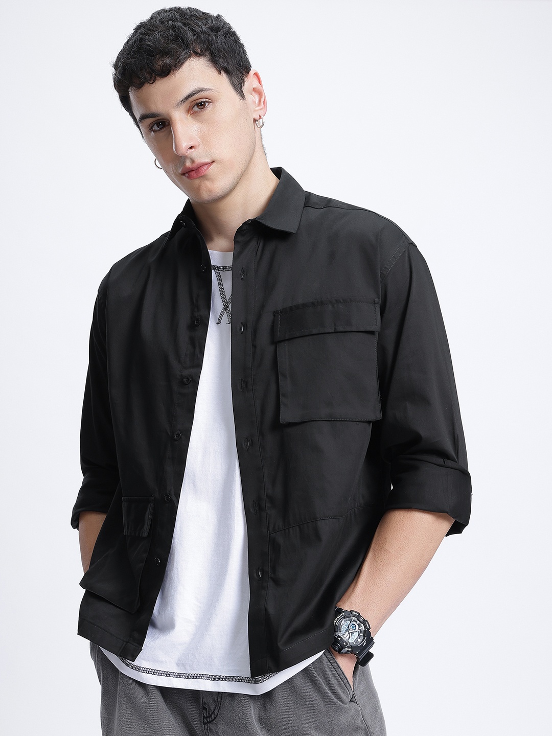 

glitchez Workwear Cool Chest Pocket Detail Oversized Casual Shirt, Black