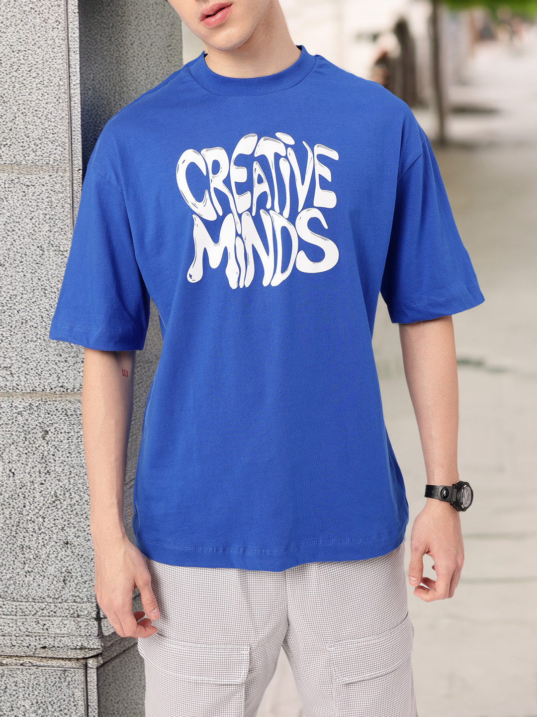 

Kook N Keech Creative Grunge Typography Printed Oversized T-shirt, Blue