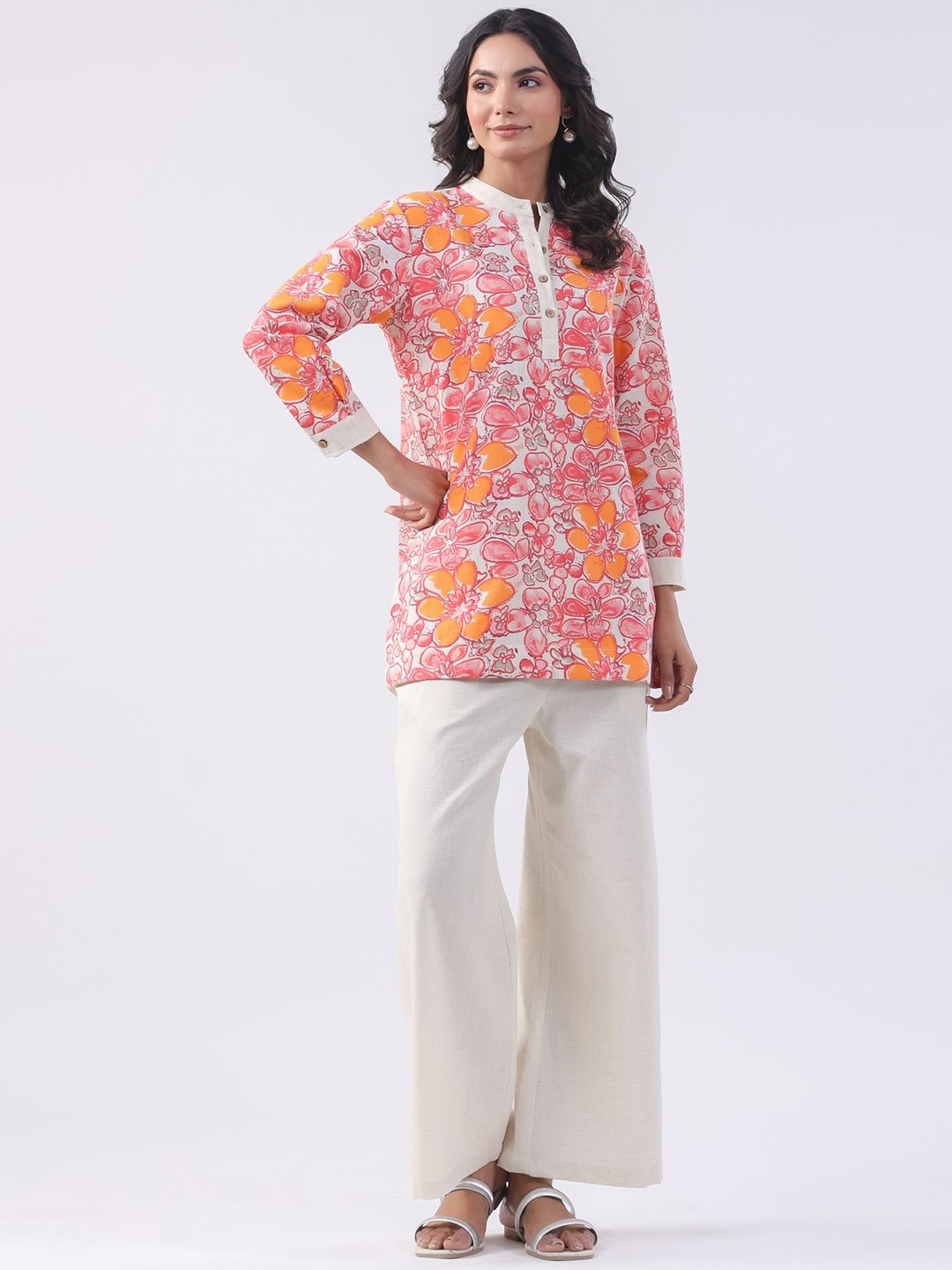 

JISORA Printed Pure Cotton Mandarin Collar Top With Palazzos Co-Ords, Orange