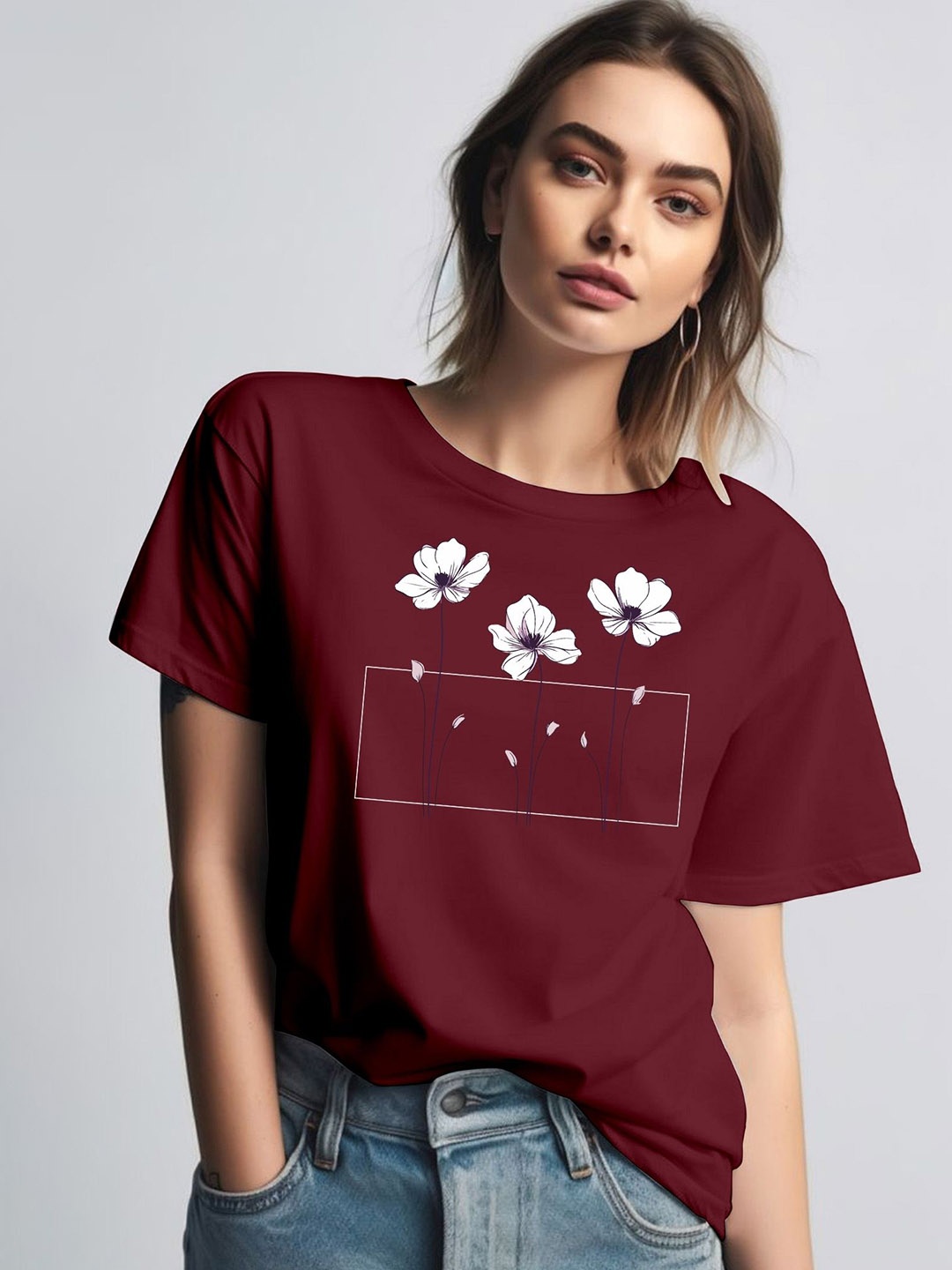

Moda Rapido Women Printed Round Neck Tshirt, Maroon