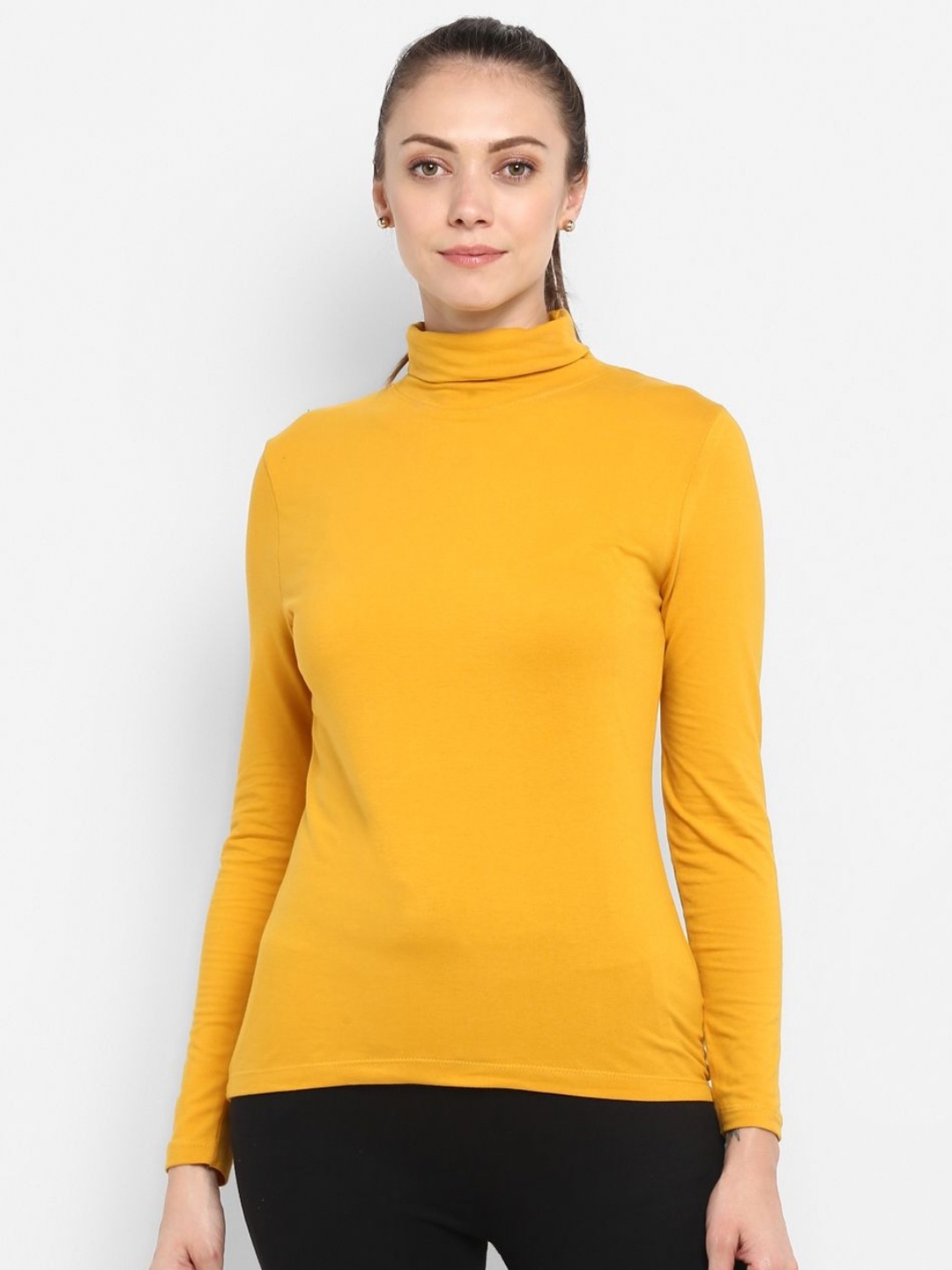 

Metronaut Women High Neck Cut Outs Slim Fit T-shirt, Mustard