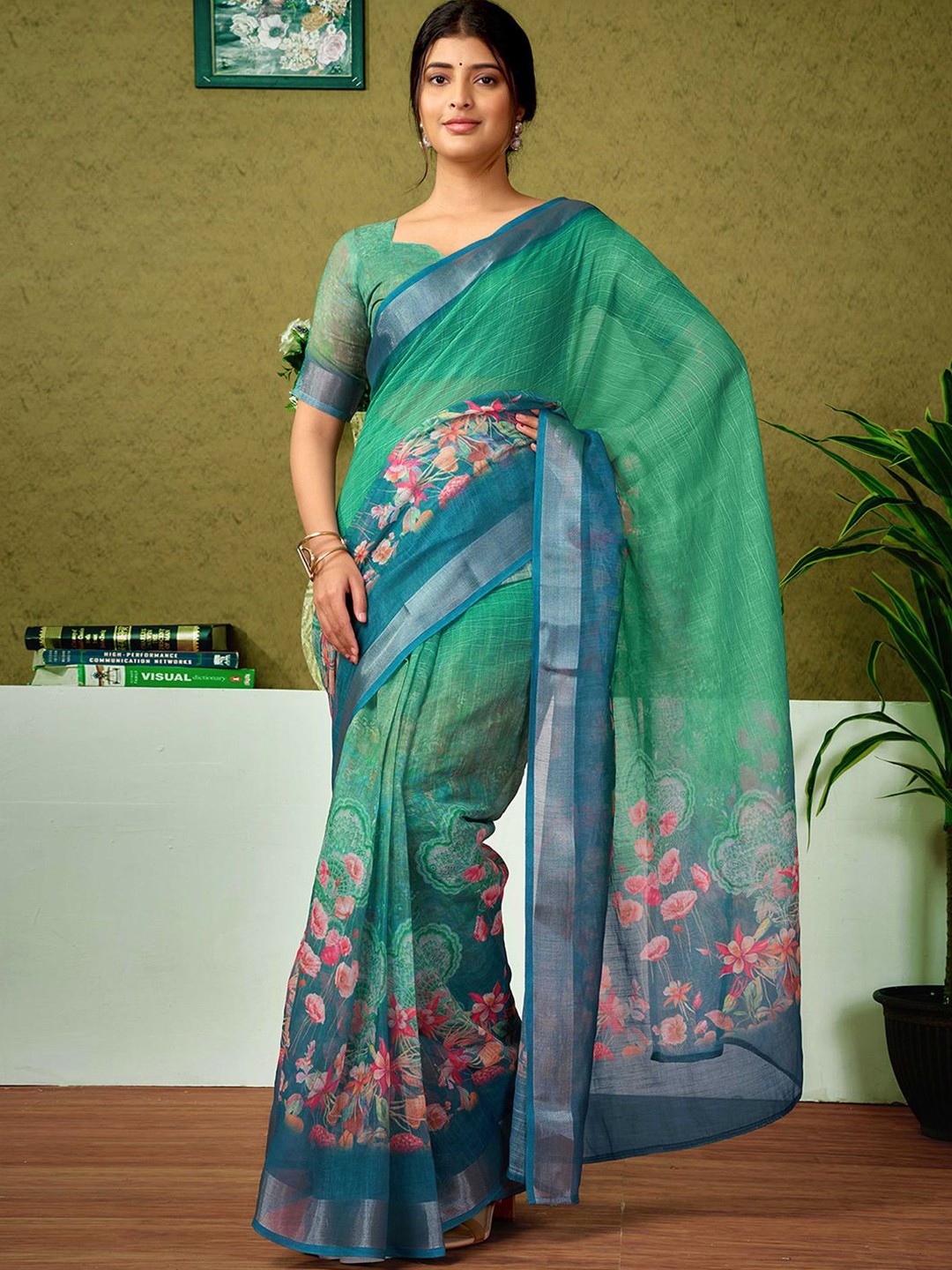 

all about you Floral Zari Pure Linen Ready to Wear Saree, Green