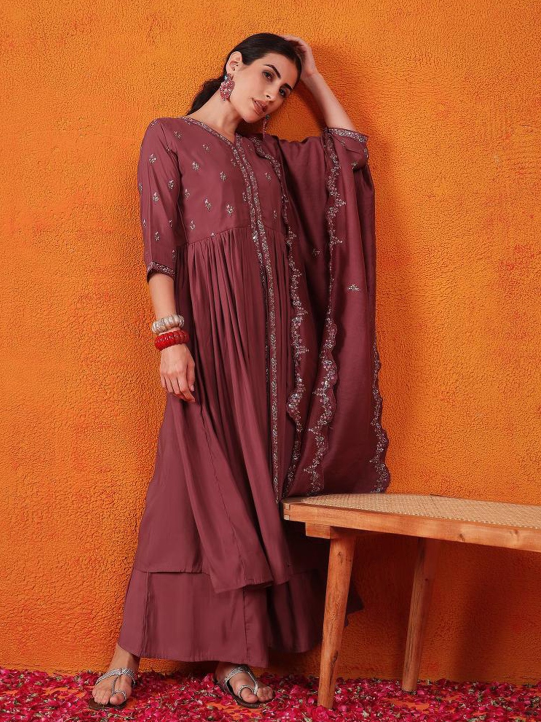 

Sangria Embroidered V-Neck Kurta, Palazzo & Dupatta Set, Maroon