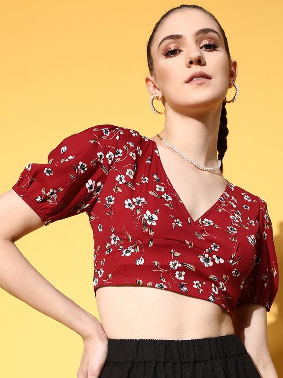 

Berrylush Floral Print Puff Sleeve Wrap Crop Top, Red