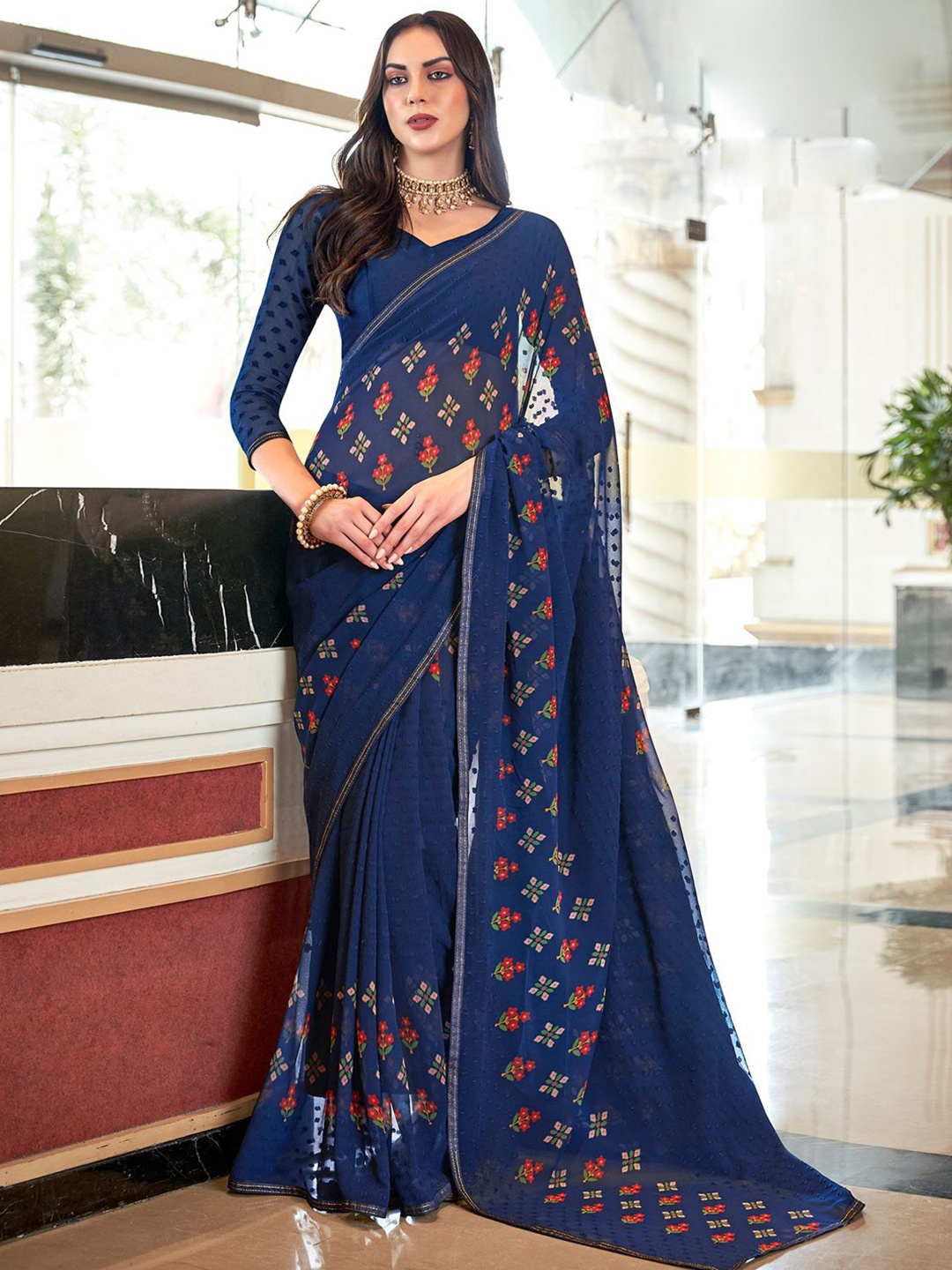 

Anouk Rustic Floral Poly Georgette Bagh Saree, Navy blue