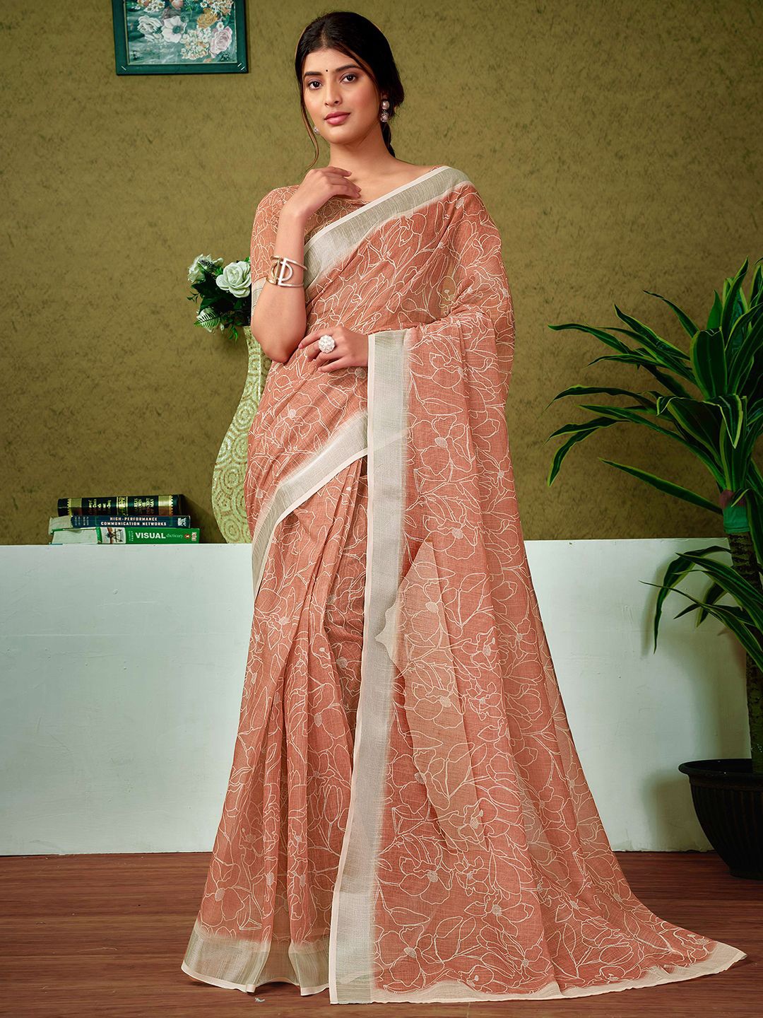 

all about you Ethnic Motifs Zari Pure Linen Ready to Wear Saree, Brown