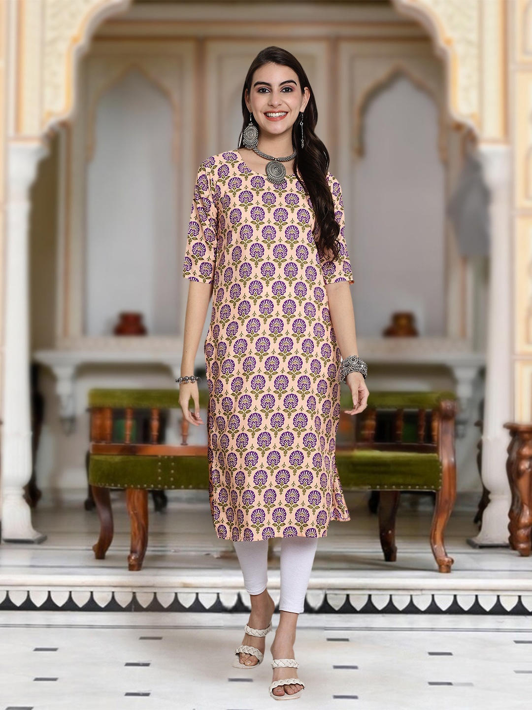 

Moda Rapido Floral Printed Round Neck Straight Kurta, Cream